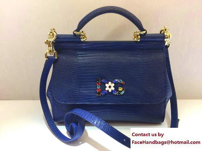 Dolce  &  Gabbana Crystal Logo Sicily Top Handle Bag Lizard Pattern Blue 2017